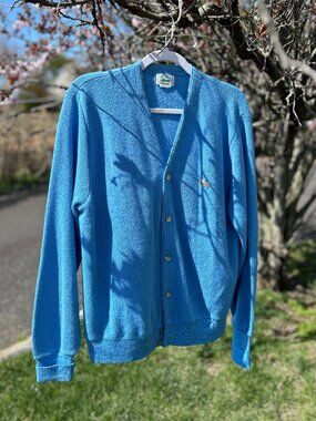 Vintage 80s Izod Lacoste Logo Knit Cardigan Sweater Blue